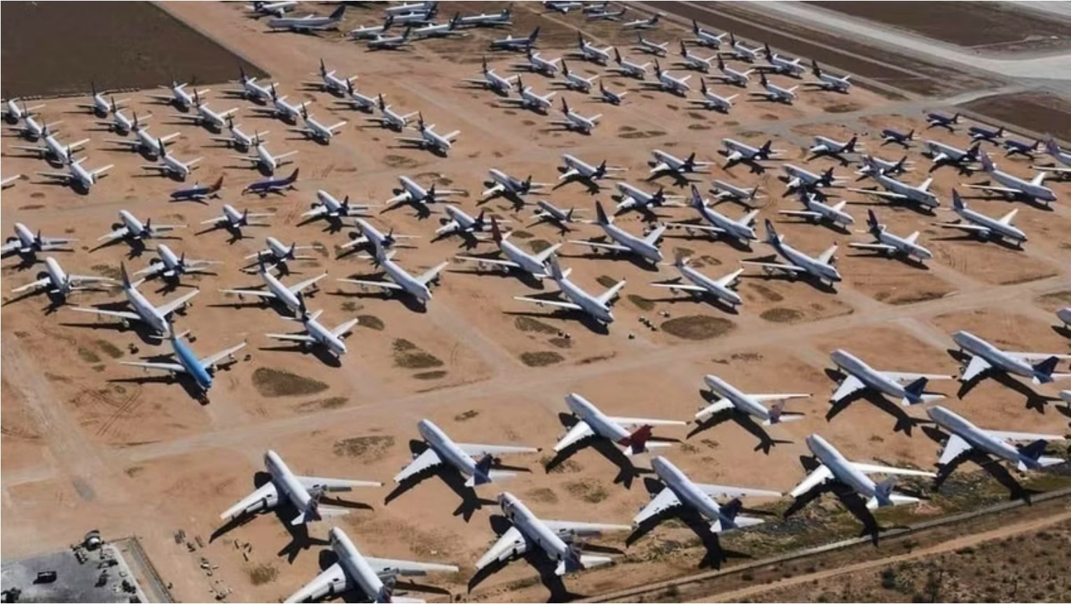 Aircraft at an aviation storage and maintenance site.