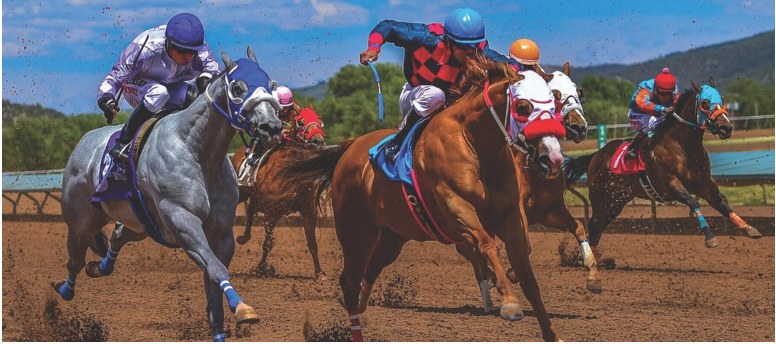 Horses racing on a dirt track.